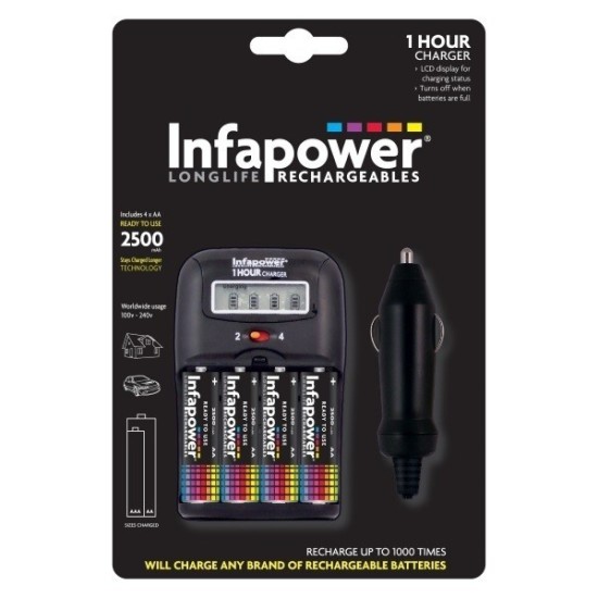 Infapower 1 Hour Charger Inc x4 AA's 2500mahs Mains or Car