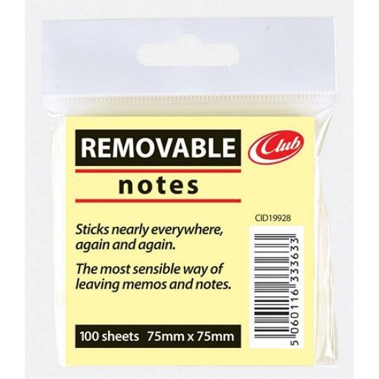 Removable Notes Yellow 75x75mm 100 sheets