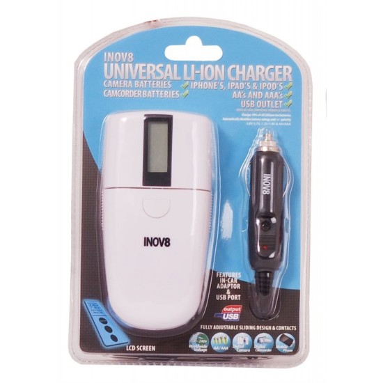 Inov8 Universal Li-Ion Charger For Rechargeable Batteries + USB Power Output. Car or Mains