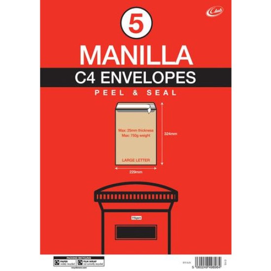 Manilla C4 Envelopes 5 pk