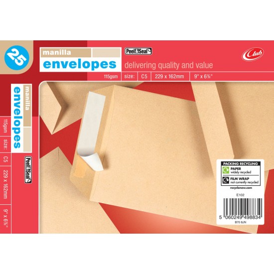 Manilla Envelopes Peel and Seal C5 25's