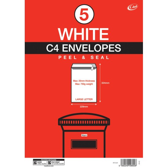 White Envelopes C4 Peel & Seal 5pk
