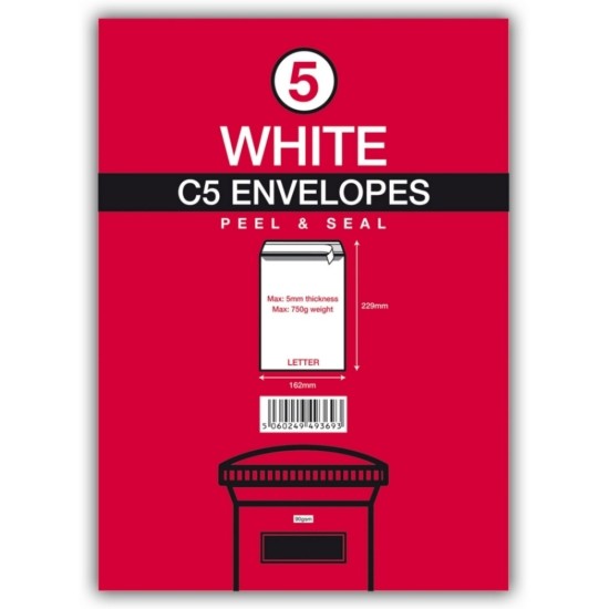 White Envelopes C5 Peel & Seal 5pk