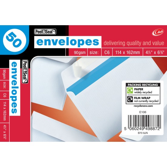White Envelopes Peel & Seal C6 50pk
