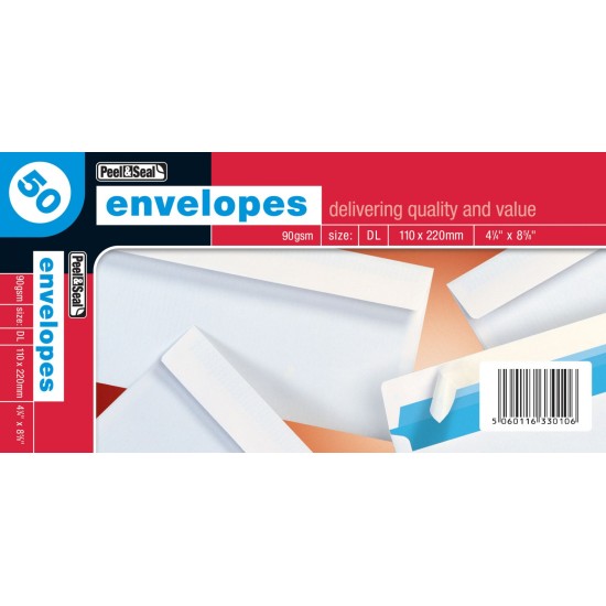 White Envelopes Peel & Seal DL 50pk